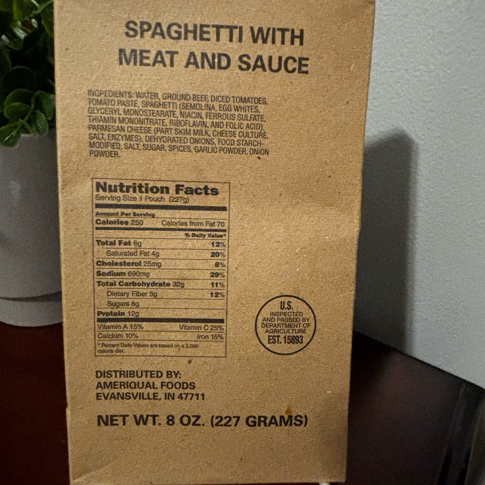MRE Spaghetti with Meat and Sauce. Service meal in box .